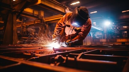 Precision steel welding  factory worker operates machinery, sparks fly as welder works on metal