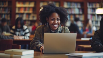Poster - In a vibrant library setting, a joyful student is engrossed in using a laptop amidst a backdrop of books and fellow students. This environment reflects a culture of learning and teamwork