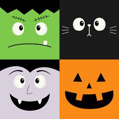 Wall Mural - Happy Halloween icon set. Vampire count Dracula, Frankenstein, Pumpkin, Cat square face head. Cute cartoon funny spooky character. Greeting card, sticker print. Flat design Baby background. Vector