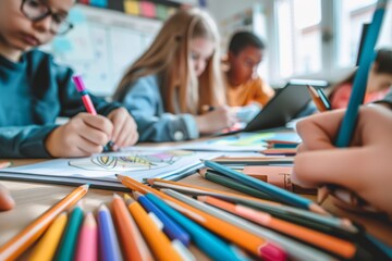 Poster - In a classroom setting, a group of children is joyfully engaged in creative drawing and coloring with vibrant pencils and art materials, emphasizing creativity and collaboration among budding artists
