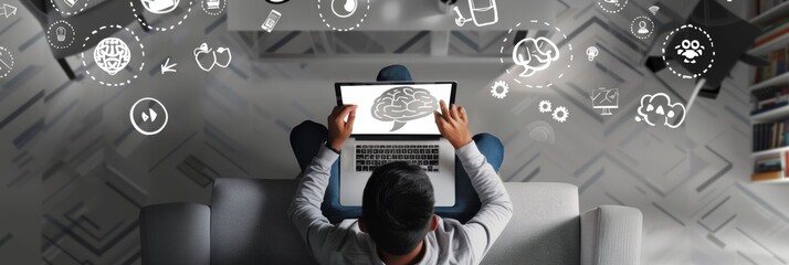 Aufkleber - Aerial view of a man using a laptop displaying brain graphics, surrounded by futuristic digital icons and virtual diagrams depicting technology, artificial intelligence, and innovation.