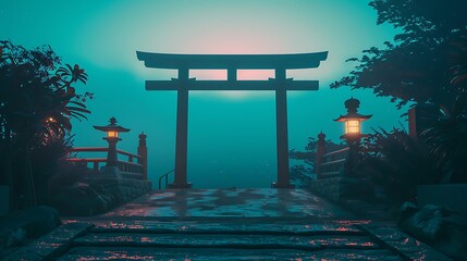 Wall Mural - Mystical Japanese Torii Gate with Lantern at Dusk.