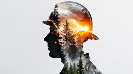 A firefighter merged with a nature landscape through double exposure, combining elements of digital interface and photography to create a futuristic postcard