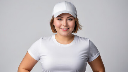 Wall Mural - Plus size young woman with short hair wearing white t-shirt and white baseball cap isolated on grey background