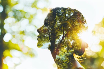 Double exposure portrait of a woman with a tree growing inside her head.