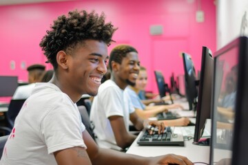 Poster - In a modern educational setting, engaged students work together on computers, showing teamwork and focus. The vibrant environment fosters collaboration and concentration among the happy group