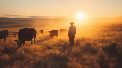 Poster - A cowboy guides a group of cattle through golden grasslands as the sun sets, casting a warm glow over the landscape.