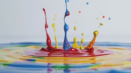 Wall Mural - Flowing drops of colored paint on a white background