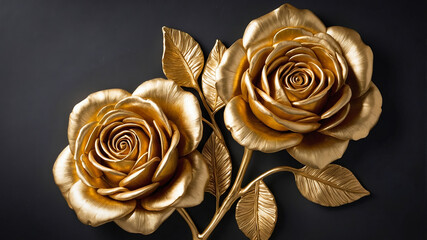 Wall Mural - Metallic golden roses and leaves on black background