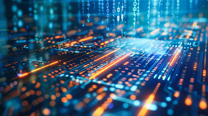 Poster - Close up of an advanced microchip with data flowing through it