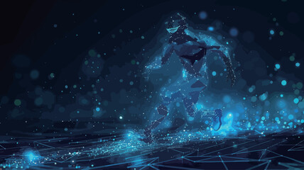 Abstract polygonal wireframe man running on a blue background.