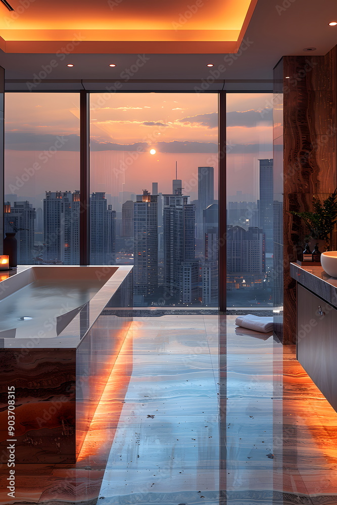 High-end luxury bathroom in a high-rise building Looks comfortable with ...