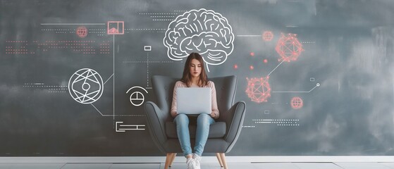 Aufkleber - A woman sits in a gray chair using a laptop, surrounded by illustrations of brain diagrams and scientific sketches on a chalkboard. The scene combines technology and intellectual thought.