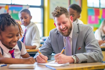 Aufkleber - Cheerful teacher interacts with students in a lively classroom, creating a collaborative and enthusiastic atmosphere. Kids are happy and engaged, promoting a positive learning environment