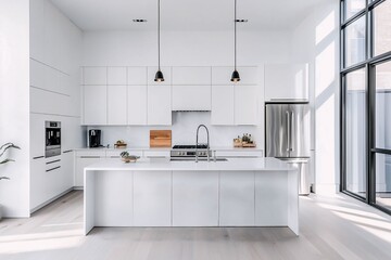 Bright and airy modern kitchen with minimalist white cabinetry, large island, stainless steel appliances, and sleek design elements.