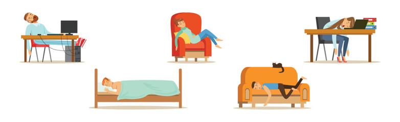 Sticker - People Character Sleeping at Home on Sofa and In Office Vector Set