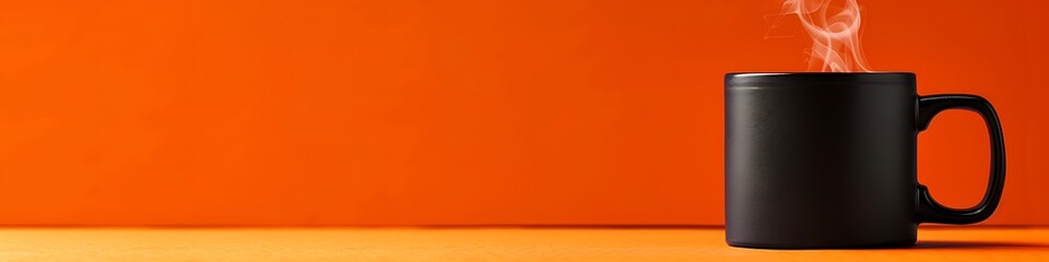 Poster - Steaming black coffee mug on a vibrant orange backdrop, minimalistic design, close-up shot.