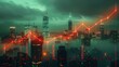 © CLOVER BACKGROUND - Neon Ascent: Red stock market graph ascends over futuristic cityscape shrouded in green fog