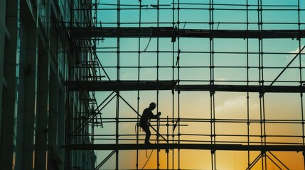 Wall Mural - Close-up of a construction worker assembling scaffolding on a building site