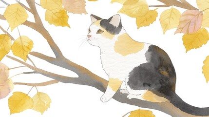 Sticker - Cute cat sitting on the edge of an autumn tree