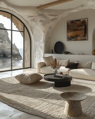 Wall Mural - amazing and comfortable interior living room with sea view through a huge window
