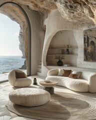 Wall Mural - amazing and comfortable interior living room with sea view through a huge window
