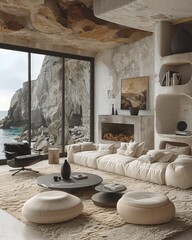 Wall Mural - amazing and comfortable interior living room with sea view through a huge window
