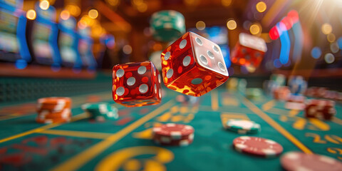 Two red dice rolling on a casino table surrounded by poker chips, capturing the excitement and chance of gambling.