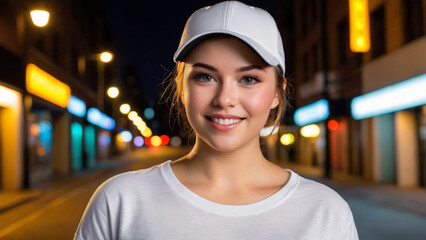 Wall Mural - Plus size young woman with short hair wearing white t-shirt and white baseball cap standing on the street at night