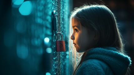 Wall Mural - Child fascinated by glowing digital lock in cybersecurity conceptual illustration