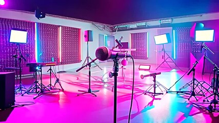 podcast studio setup with neon lights. closeup black microphone in an empty media broadcasting and c