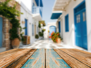 Empty wooden tabletop displaying charming white and blue street alley background