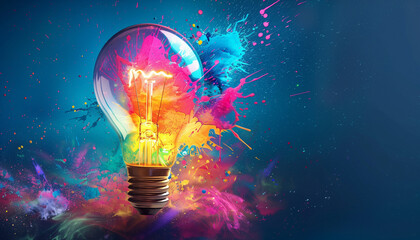 Wall Mural - Vivid colorful burst of paint and light inside a lightbulb against a dark blue background, symbolizing creativity, innovation, and imagination.