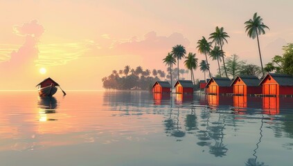 Wall Mural - Idyllic Sunset with Overwater Bungalows