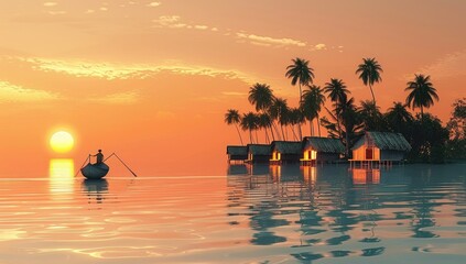 Wall Mural - Serene Tropical Sunset Over Water Bungalows