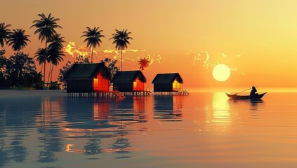 Wall Mural - Serene Tropical Sunset Over Water Bungalows