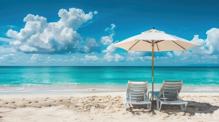 Wall Mural - Beach chairs set up facing the ocean under an umbrella