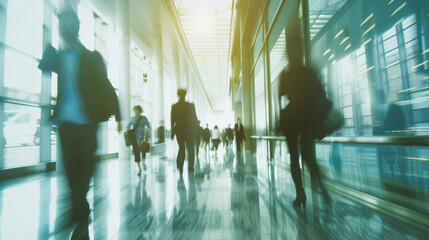 Wall Mural - Silhouetted commuters rush through a sunlit corridor of glass and steel, capturing the dynamic pace of modern urban life.