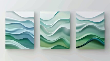 set of three abstract wave wall art panels with green and blue design