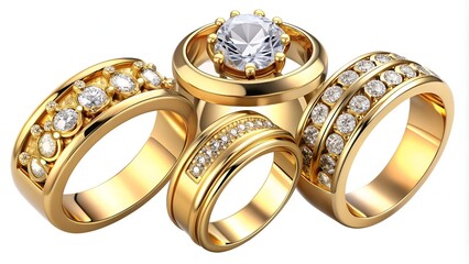 Set of various luxurious men's gold engagement rings isolated on transparent background. Generative AI