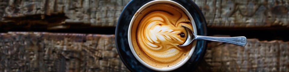 Swirled cappuccino on wooden table, spoon hovering, soft light, overhead view, rustic warmth.