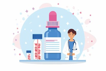 Sticker - Medical pills and bottles with female doctor healthcare innovation concept vector illustration clean design medical inspiration