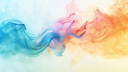 Poster - Vibrant abstract smoke in blue, pink, and orange hues gracefully swirling against a white background, creating a fluid, artistic design.