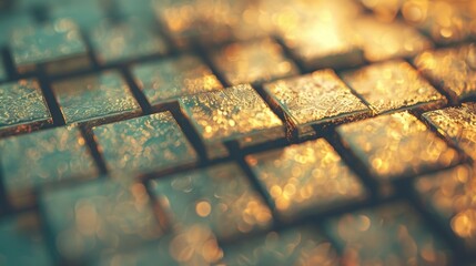 Poster - Shimmering gold cubes create an abstract, reflective background full of intricate details
