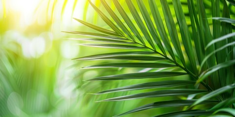 Wall Mural - lush green palm leaves with sunlight filtering through in a tropical forest setting, creating a rela