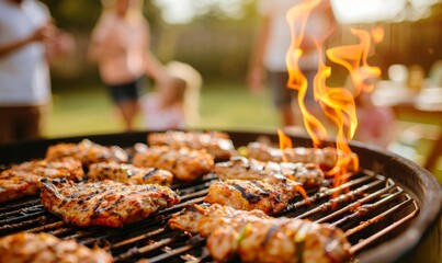 close-up of juicy grilled chicken pieces on a barbecue grill with flames and blurred people in the background, summertime food and family gathering co