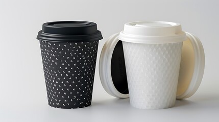 Two disposable coffee cups, one black and one white, with lids on a white background, perfect for print advertising.