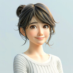 7. Digital 3D cel animation illustration of a joyful Japanese teenage woman with flawless skin and a captivating smile, with her eyes sparkling, against a plain white background 