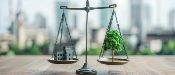 balancing the scales environmental impact of urban development - small building model vs. green tree on scale with blurred city skyline background