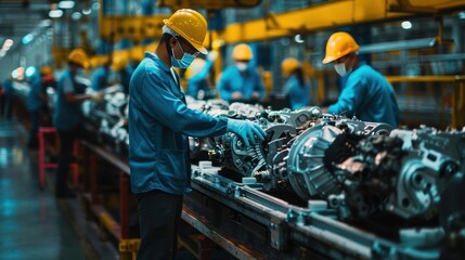 Workers assembling car engines in a manufacturing plant